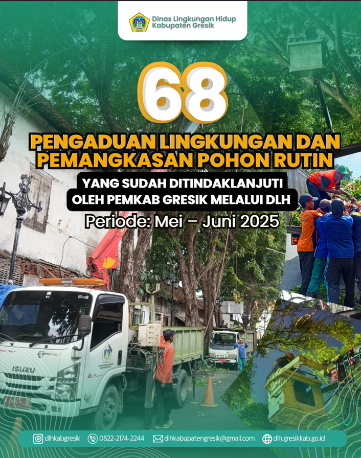 Pemkab Gresik melalui Dinas Lingkungan Hidup telah menindaklanjuti 68 pengaduan lingkungan dan pemangkasan pohon rutin selama periode bulan mei dan Juni 2025.